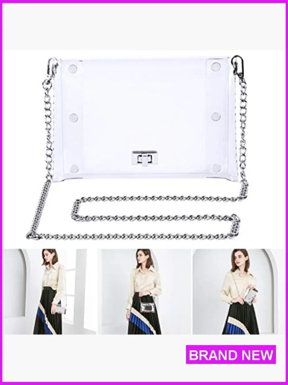 Clear Crossbody Purse Stadium Approved Shoulder Bag Chain Strap PVC Clutch